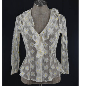 PILA White Yellow Mesh Floral Long Sleeve Ruffle Top - L